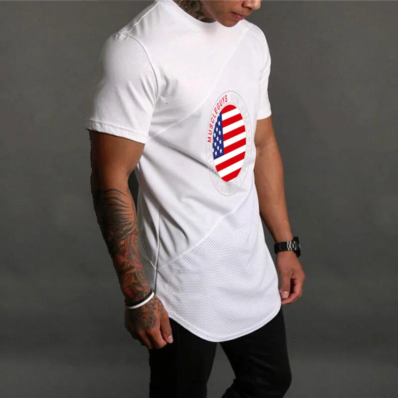 Mens Bodybuilding Muscle Clothing Gym Fitness Cotton Breathable T-shirts Stitching Contrast Color Short Sleeve Summer Shirts