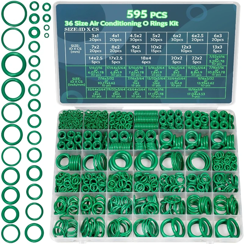 For Compressor Automotive A/C Plumbing Repair 595pcs Air Conditioning O Ring Kit Sealing Gasket Green Fluorine O-Ring Washer