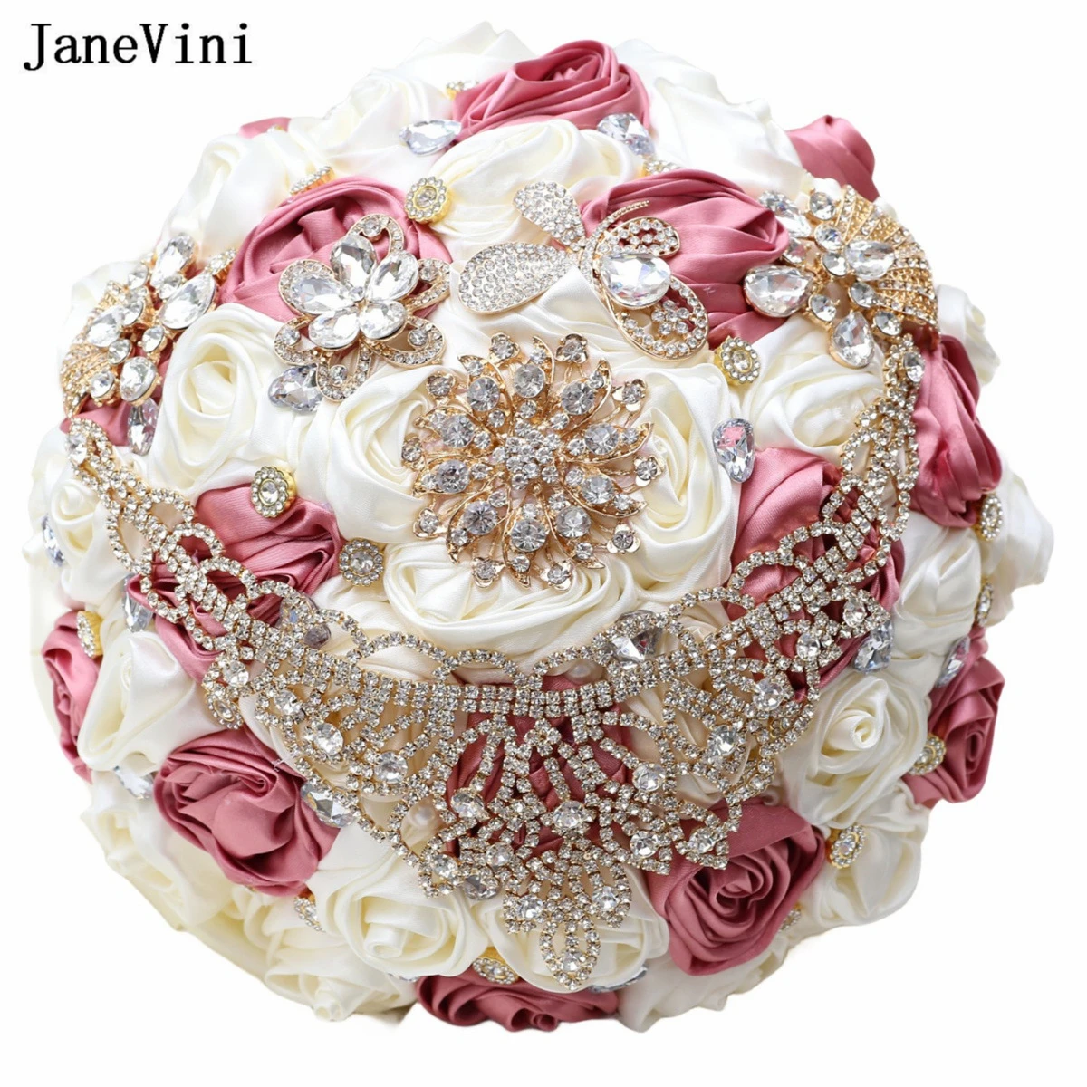 JaneVini Korean Style Pink Ivory Ribbon Flowers Bridal Bouquets Crystal Artificial Satin Roses Wedding Bouquet Accesorios Novia