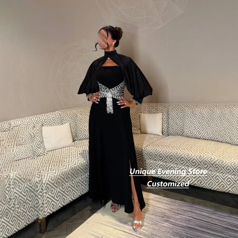 Customized Black High Neck Puff Sleeve Rhinestone Beaded Waist Slit Backless Mother of the Bride Dresses Wedding Guest Dress