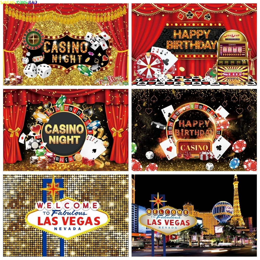 

Las Vegas Casino Party Photography Backdrop Playing Card Roulette Red Curtain Birthday Party Decor Background Photo Studio Props