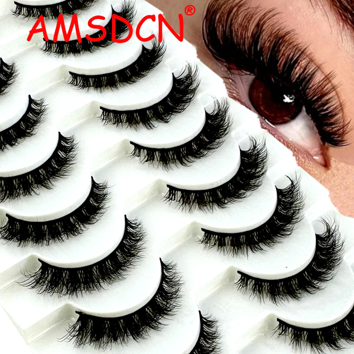 AMSDCN New 7/10 Double Natural Cat Eye Long Makeup 3D Artificial Mink Eyelash Soft Fluffy Thick Hand Rolled Extended Mink Eyelas