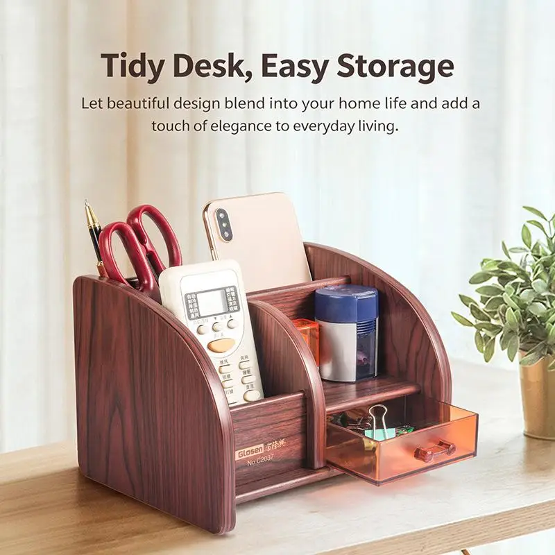 Multi-Compartment Bamboo Organizer Solid Structure Natural Bamboo Storage Box Bamboo Pen Holder Modern Minimalist For Kitchen