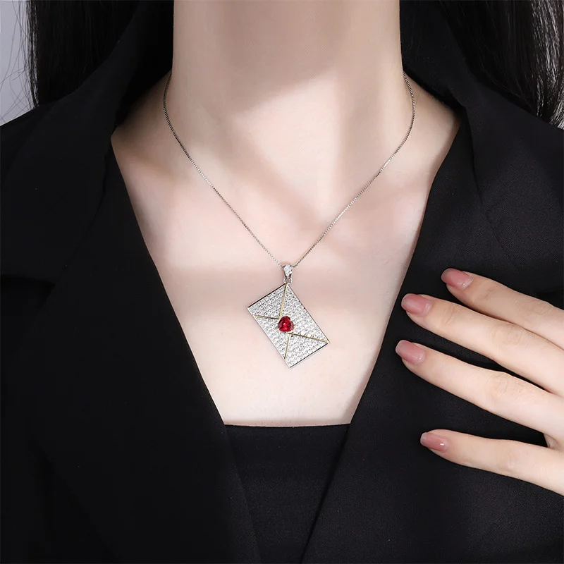 genuine Luxury brand real jewels New niche design creative rectangular necklace fashionable versatile full diamond envelope pend