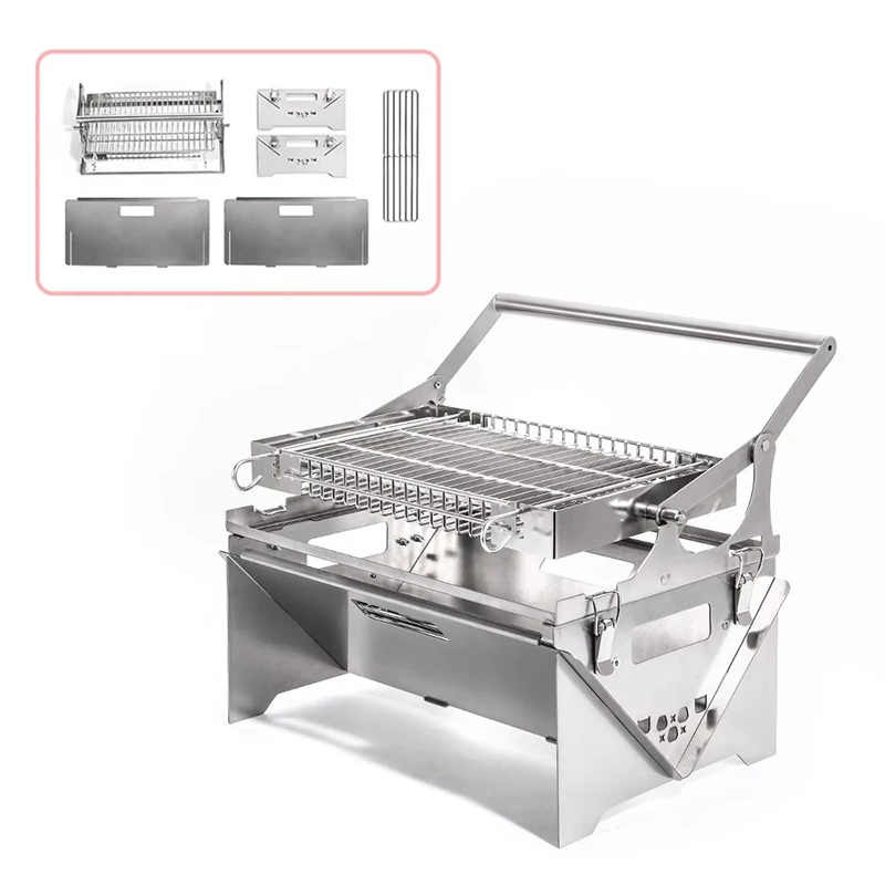 Откидной гриль-барбекю Гриль для кемпинга Перевертает верхнюю решетку для барбекю Могут перевернуть на 360° °   Через ручку, угольный гриль из нержавеющей стали Fo