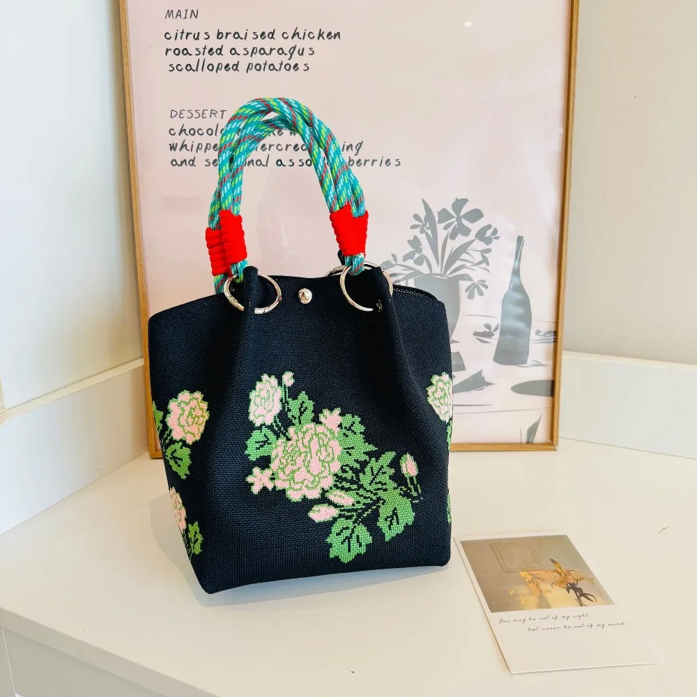 

Gifts Portable Flower Knitted Handbag Multifunctional Reusable Female Fashion Handbags Large Capacity Bucket Bag