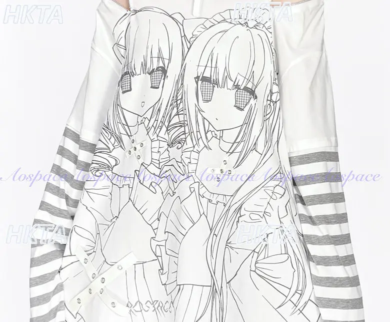 Subkultura Dwuwymiarowe Nadruki Bluzka z Odkrytymi Ramionami Udawana Dwuczęściowa Koszulka w Paski z Długim Rękawem Słodka i Modna Koszulka Y2k Damska