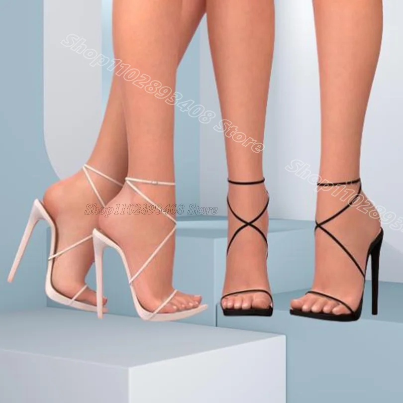 

Black Concise Open Toe Sandals Stiletto Stylish Ankle Buckle British Style Summer Women Casual Party Shoes Zapatos Para Mujere