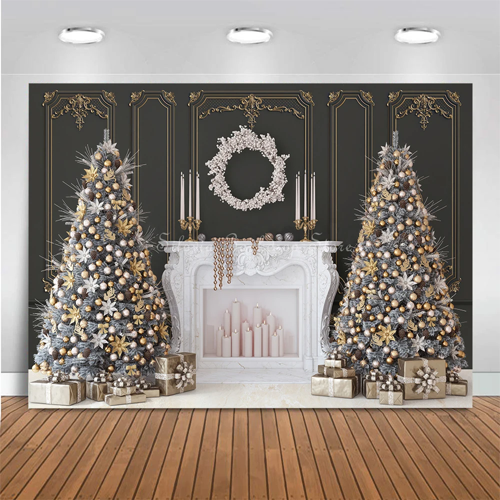 Christmas Fireplace Photo Background Indoor Xmas Tree Backdrop Family Party Photo Studio Props Kids Portrait Photography Cloth