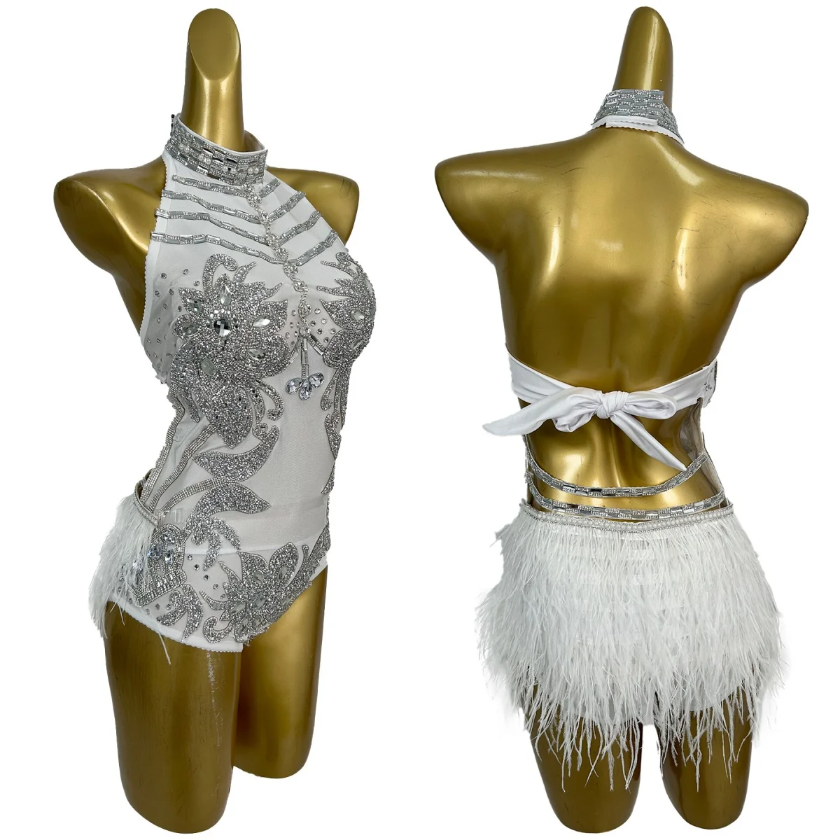 Golden Rhinestone See Through Mesh Sparkly Bodysuit with Gloves Sexy Women Dance Stage Performance Wear Feather Catsuit Jinyumao