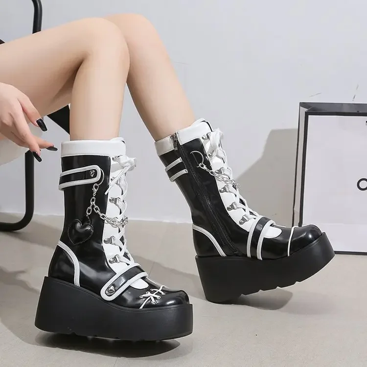 Punk Style Round Head Slope Heel Platform Motorcycle Boots Sexy Babes Fashion Boots Plus Size Lolita & Jk Women's Boots 35&42