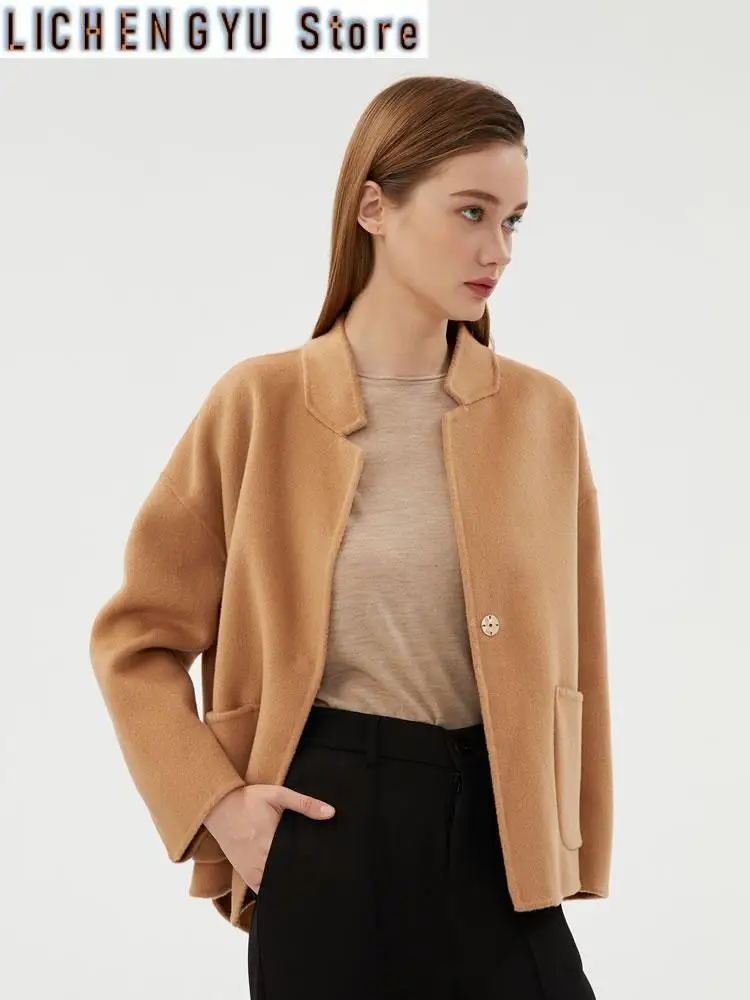 Autumn and Winter New Women's Coat Pure Wool Reversible Woolen Coat Stand Collar Dovetail Women's Cropped Top