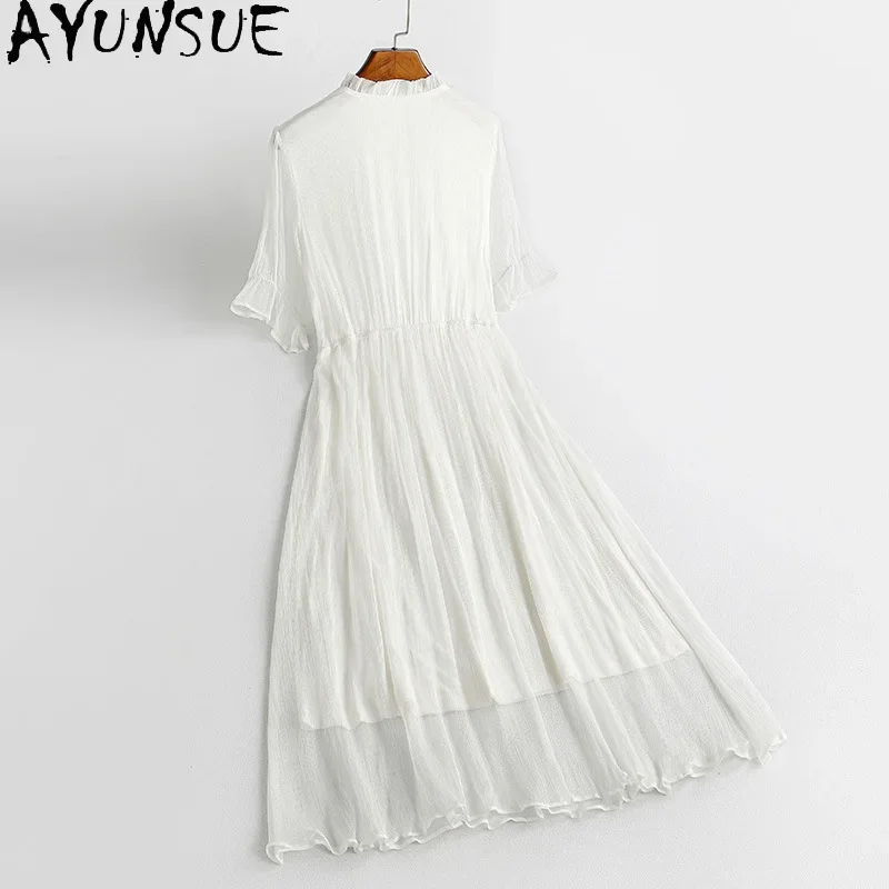 AYUNSUE-Robes longues Mulberry Injfur ses pour femmes, Robes élégantes simples, Robe blanche dégradée, Col en V, Vêtements pour femmes, Été, 100%, 2024