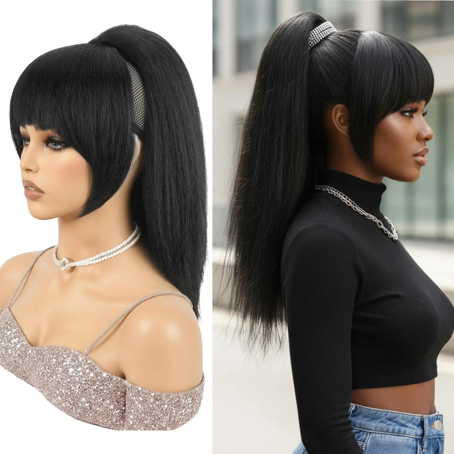 

20inch Ponytail Extension with Bangs for Black Women Yaki Straight Drawstring Ponytail with Bangs for Women Synthetic Hairpieces