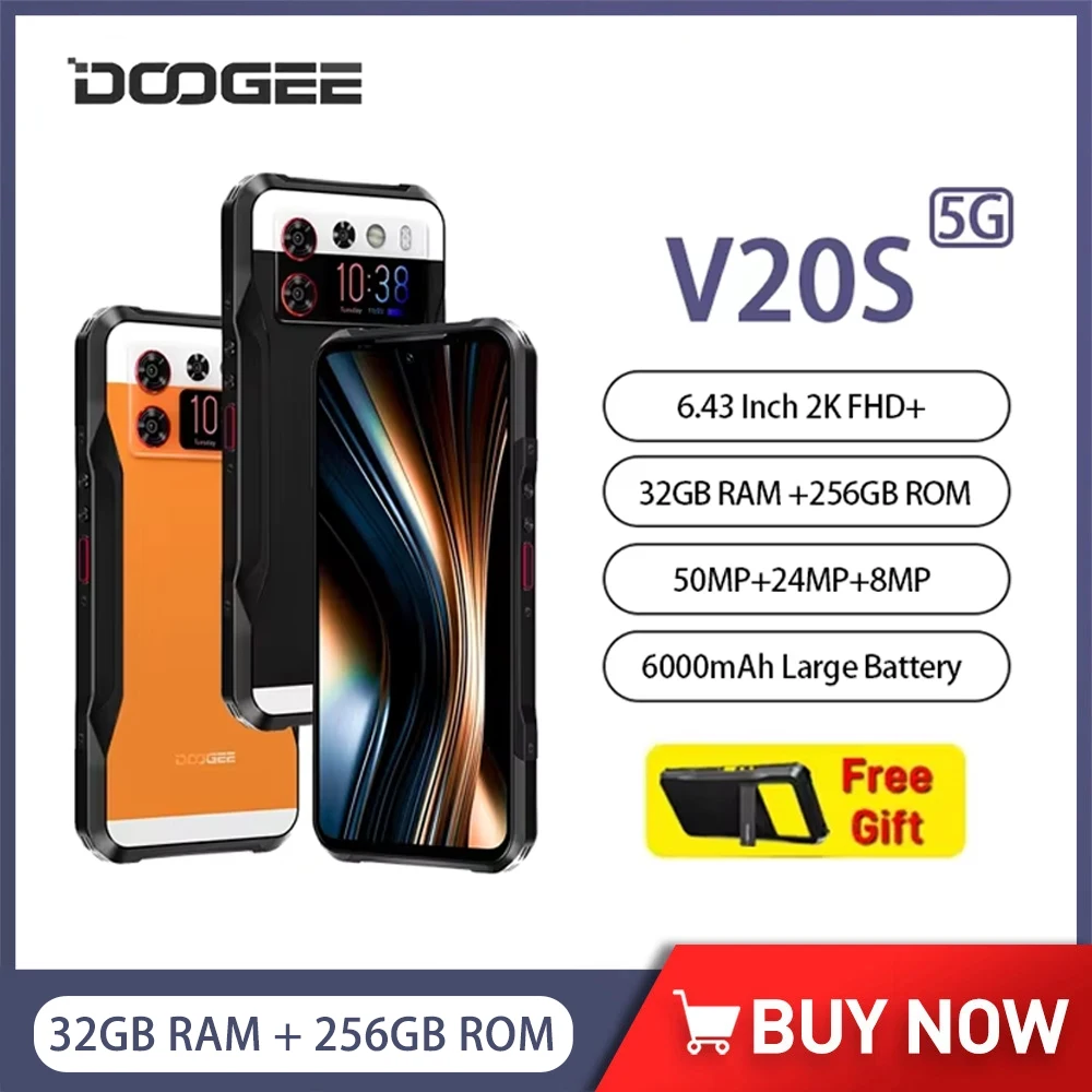 DOOGEE V20S 5G Robuuste smartphone Android 1,58 "AMOLED-achterdisplay 12GB + 256GB Mobiele telefoon 24MP Nachtzichtcamera 6000mAh NFC