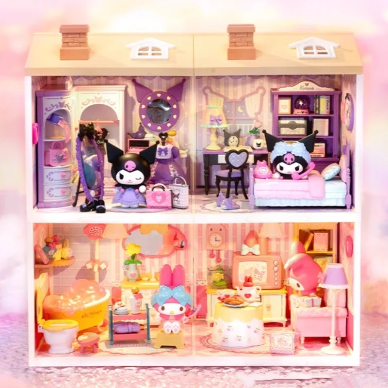 ครอบครัว Sanrio น่ารักไดอารี่บล็อกอาคารไม้ Kuromi Kuromi Super World ประกอบของเล่นชุดเครื่องประดับของขวัญ