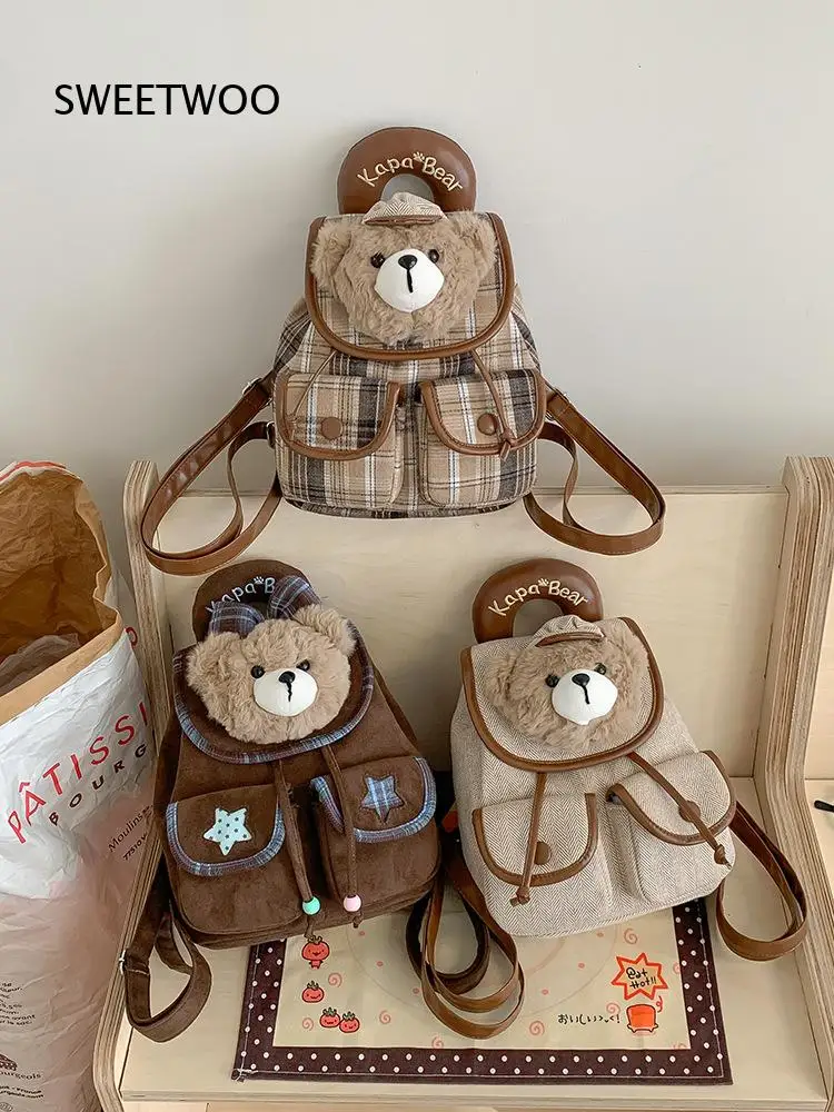 Vintage Cartoon Plush Teddy Bear Small Backpack Herringbone Fabric PU Trim Cute Casual School Daypack for Teen Girls