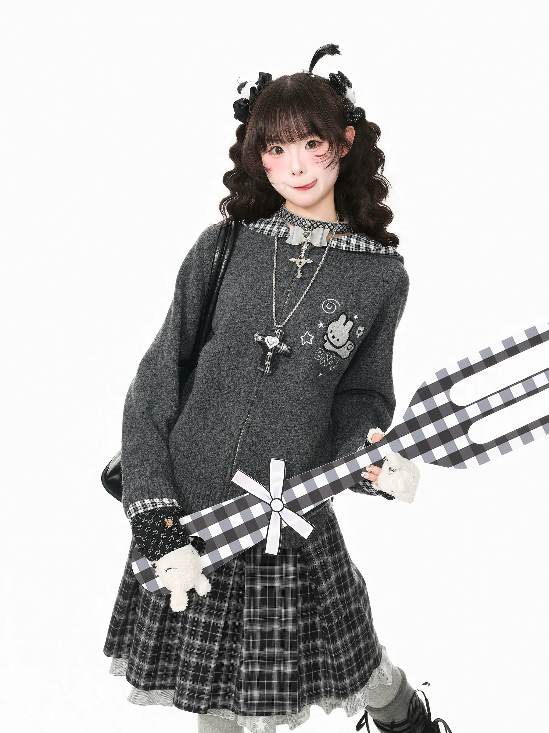 Blue Ghost Park Languid Park Casual Plaid Hooded Sweater Jacket Women's Autumn Loose Top Cute Rabbit Ear Design Standard Fit