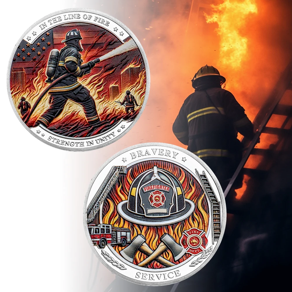 Collection Of U.S. Firefighter Pattern Commemorative Coin Round Double Plated Coins For Home Decorations Art Souvenir Gifts