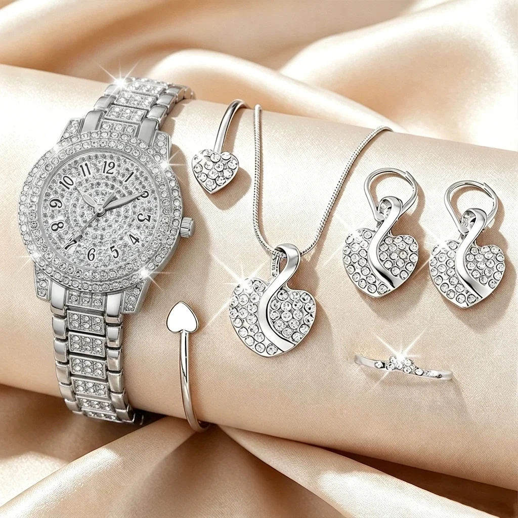 Immagine 3: Set di 6 Orologi da Donna con Strass, Bracciale di Lusso con Cinturino a Cuore, Orologio da Polso al Quarzo, Relogio Feminino