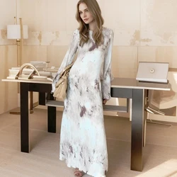 Women Tie-dye Long Dresses Elegant Flare Sleeves Maxi Dress O-Neck Backless A-Line Vestidos Spring Robes for Lady Streetwear