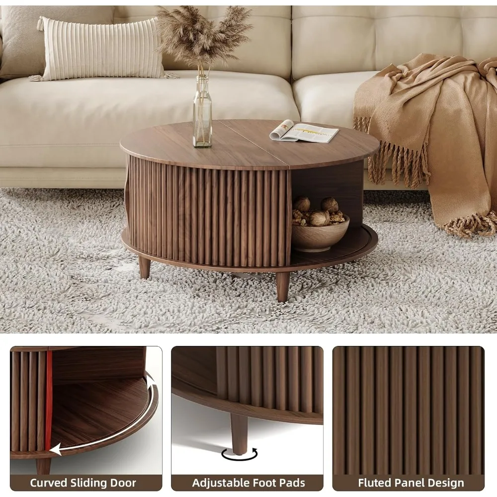 Ronde salontafel met opbergruimte, moderne eettafel uit het midden van de eeuw met schuifkastdeur voor woonkamer, kleine ruimte thuis