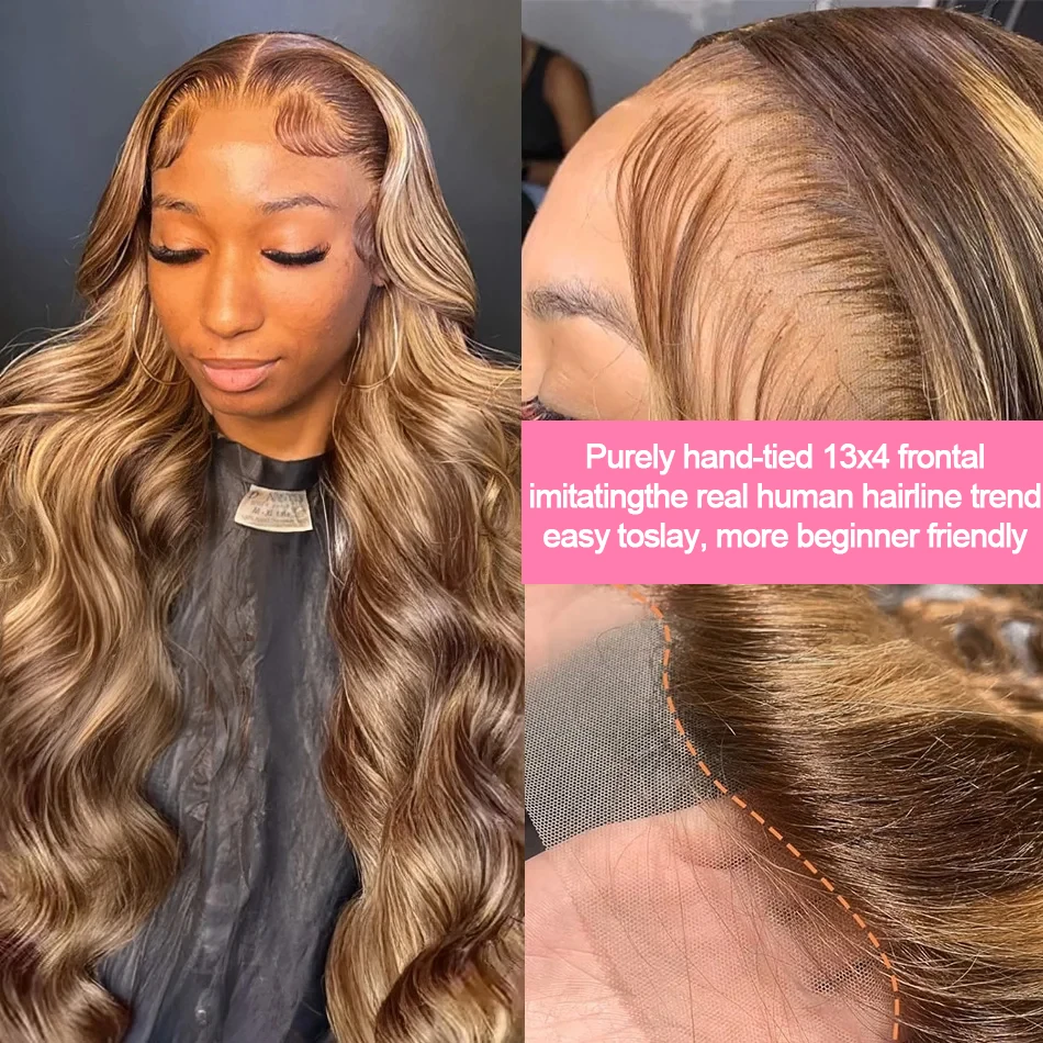 ボディウェーブ 4/27 ハニーブロンド オンブレブラウン カラーレースフロントウィッグ 13x4 ブラジル人毛 透明レースフロントウィッグ 女性用