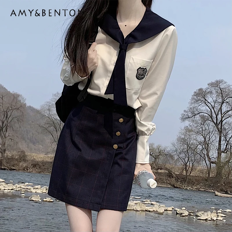 

Korean College Style Spring And Autumn Black Outfits JK Uniform Suit Sheath Plaid Skirt Long Short Sleeved Sailor Set For Women