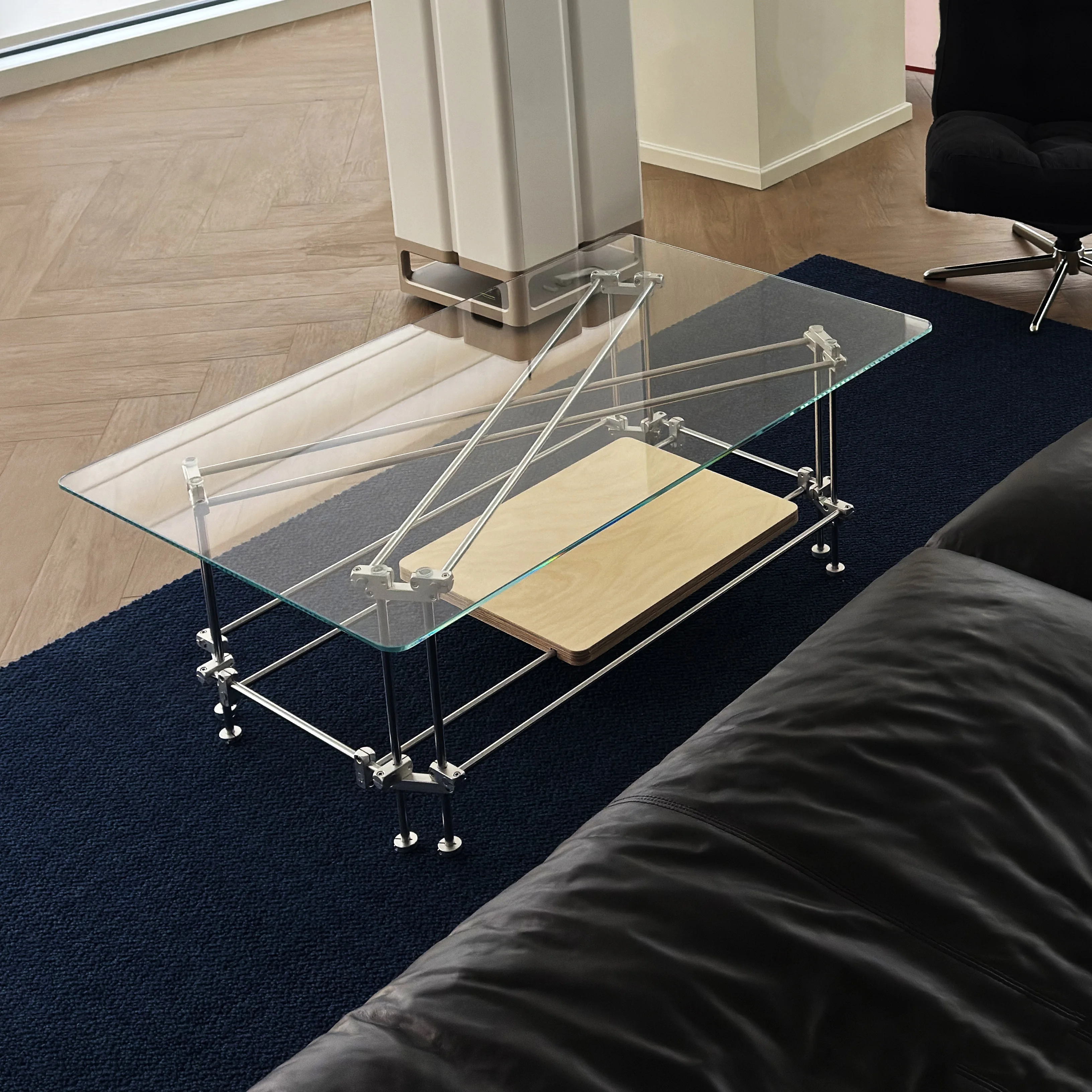 طاولة قهوة مربعة الشكل للتخزين بطبقة مزدوجة، منزلق خشب باوهاوس الأصلي، زجاج معدني من الفولاذ المقاوم للصدأ، بسيط للغاية