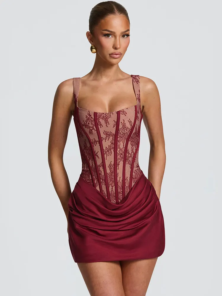 

GACVGA Sexy Back Lace-up Fishbone Mini Dress Women Sleeveless Plunge Ruched Dress Slim High Waist Summer New Club Party Dress
