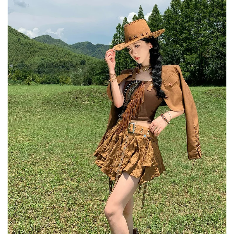 Cardigan Retro de Couro Marrom para Mulheres, Estilo Western Cowboy, Saia de Viagem com Franjas em Fibra de Poliéster