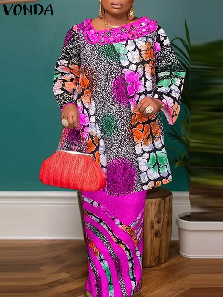 

Plus Size VONDA Women Sets Irregular 3/4 Flare Sleeve Matching Sets Vintage Floral Printed Shirts And A Line Skirts Suits 2Pcs