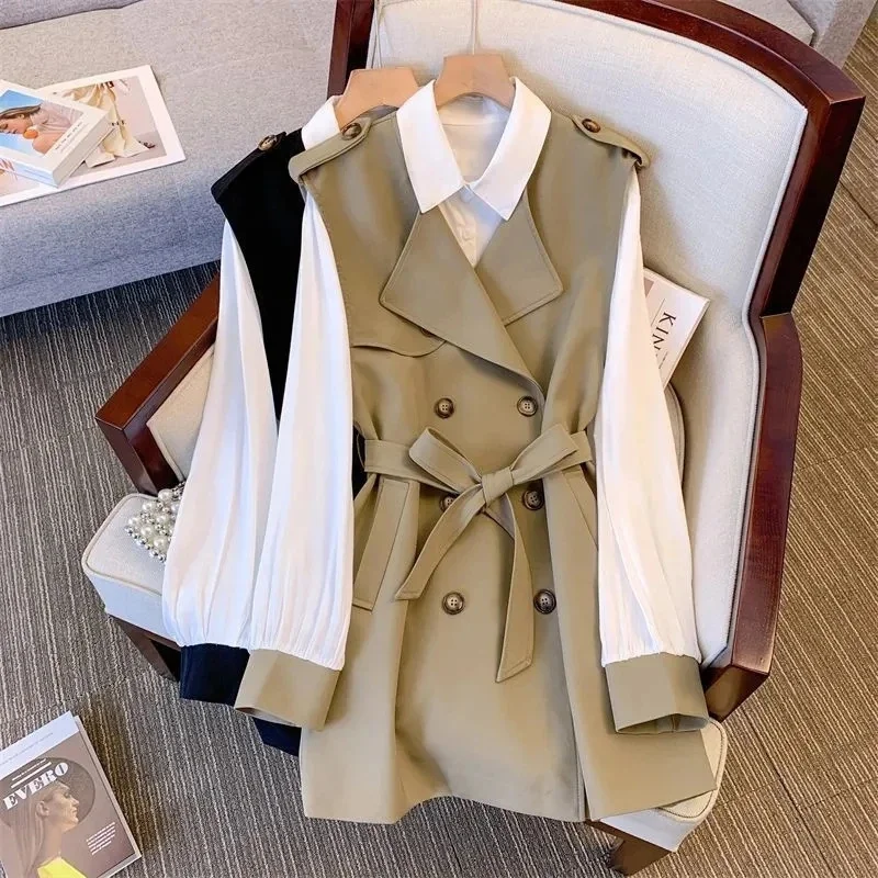 Spring Autumn NEW Women's Blazer Vest Coat Temperament Belt Outfit Top Fashion Large pocket Solid Color Waistcoat Outwear Female