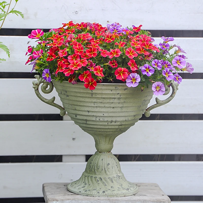 

Винтажный чугунный трофейный горшок, декоративный цветочный горшок в стиле ретро с большим горлышком, декор для сада на балконе, прочный металл в деревенском стиле