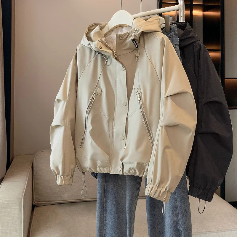 Spring Autumn Hooded Jackets Loose Short Women's Tooling Jacket Zipper Tether Long Sleeve Black Khaki Casual Temperament Outwear