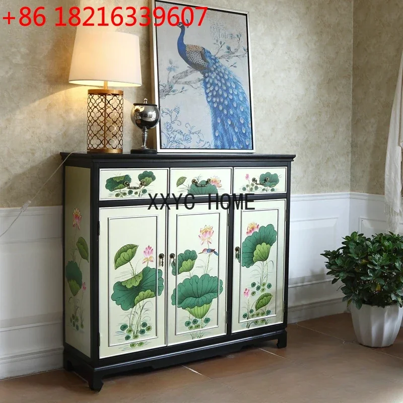TAO Solid Wood Painted Lotus New Classical Entrance Cabinet Screen Hallway