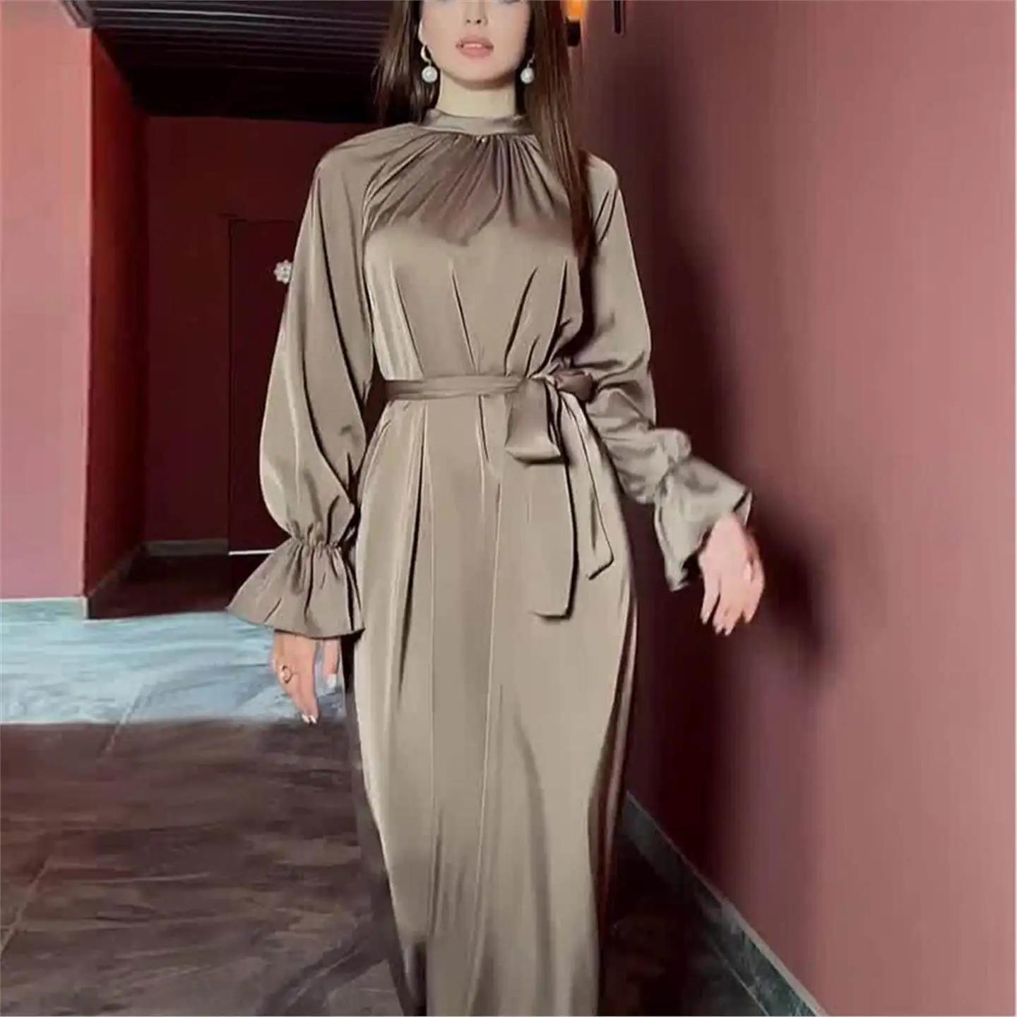 

Loose Long Sleeve Pure Color Satin Dress Belted Women's Street Style A-Line Skirt High Collar Lantern Sleeve Three-acetate Fiber