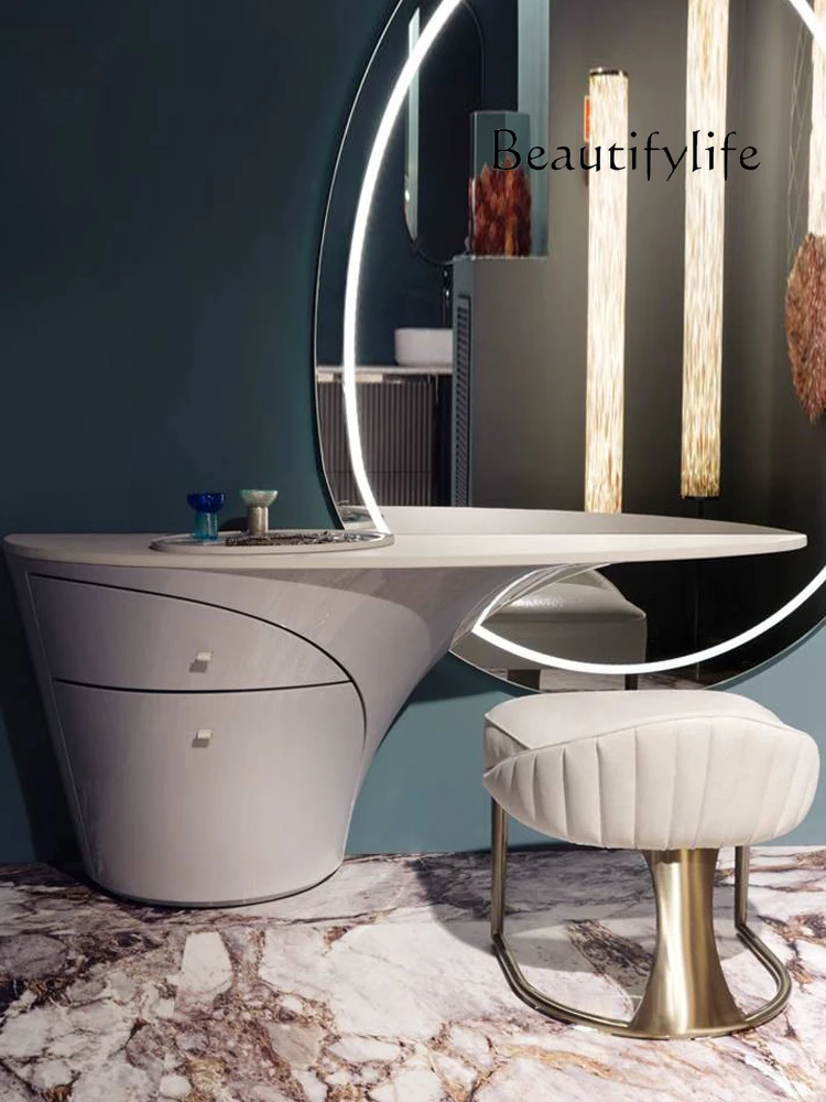 

Light Luxury Dressing Table Modern Minimalist Bedroom with Large round Mirror Desks and Chairs High Sense Makeup Table