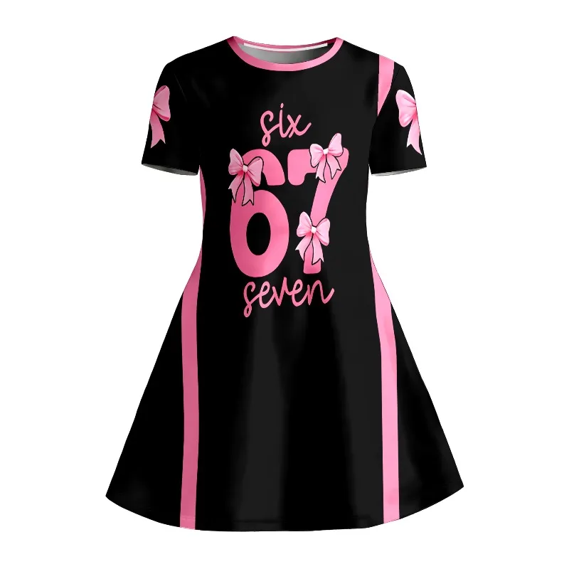 Mädchenkleid mit rosa Schleifenmuster für 6 oder 7 Jahre, schwarzes Freizeit-T-Shirt-Kleid für Kinder, geeignet für Geburtstagsfeiern und als Geschenk. – Detail 5