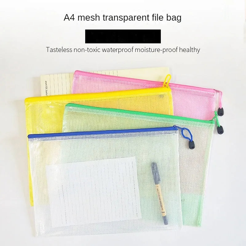 Espessado Mesh File Bag com Zipper, saco de informações impermeável, pastas de arquivo, material de escritório, Test Paper, Student, A4, 5 pcs, 10pcs