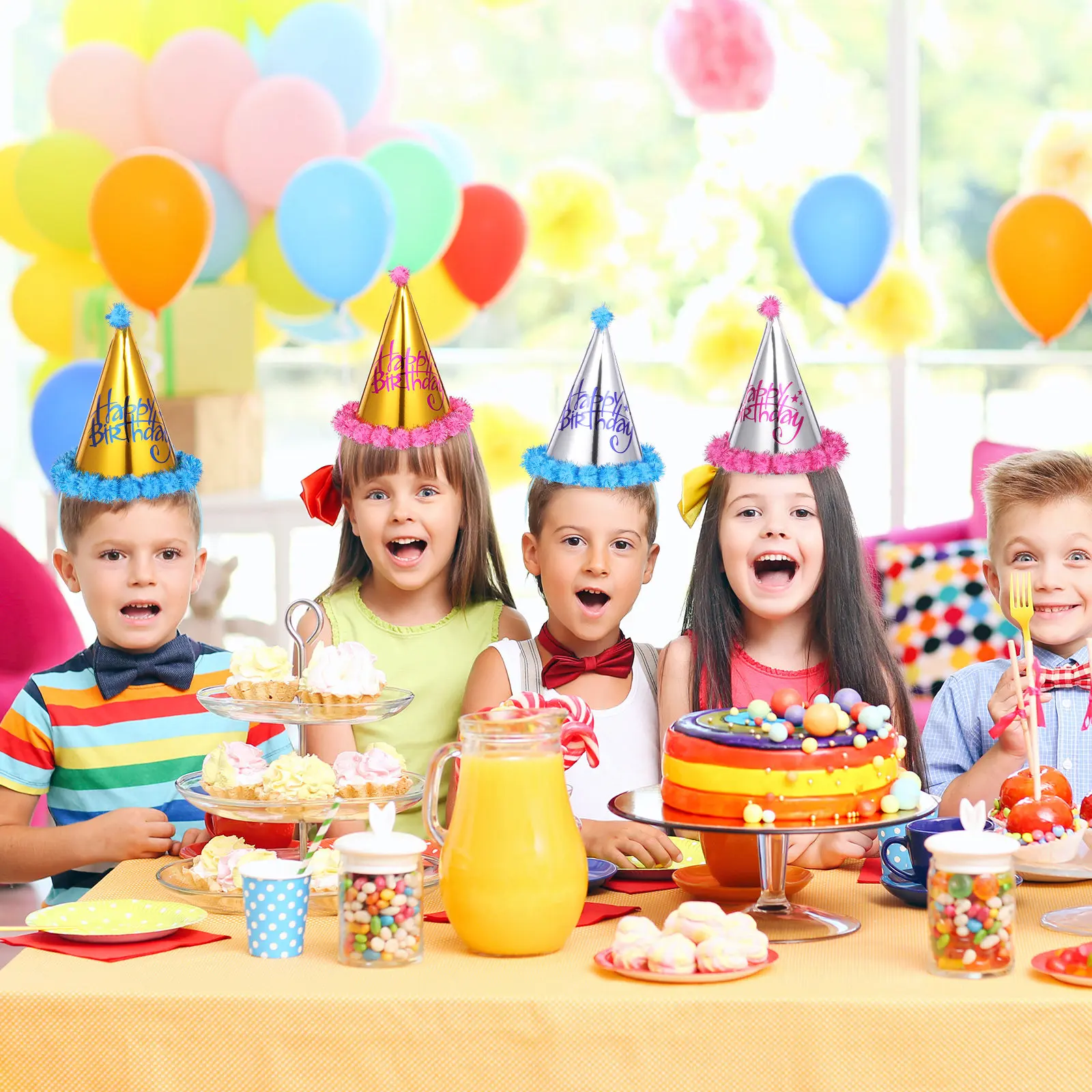 

8 шт. голографических бумажных праздничных колпаков идеального размера для дня рождения, милые головные уборы, реквизит для фотосессий