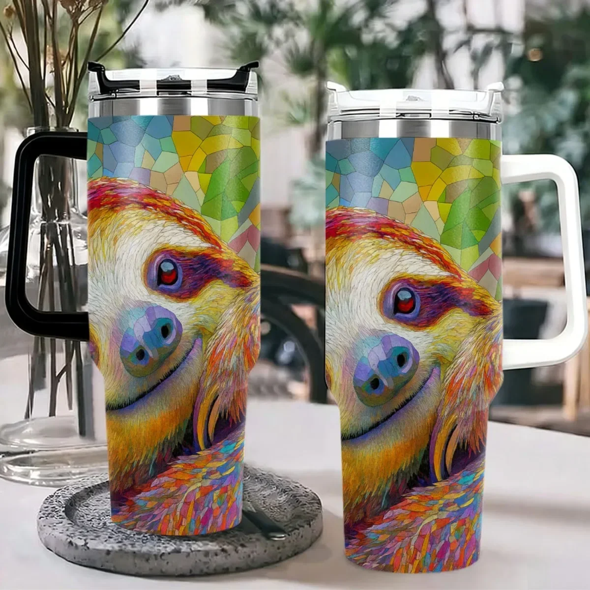 40oz Colorful Mosaic Sloth Tumbler With Handle Straw Lid, Double Wall Vacuum Insulated Stainless Steel Travel Mug, Stained Glass Animal Print Cup For Car Outdoor