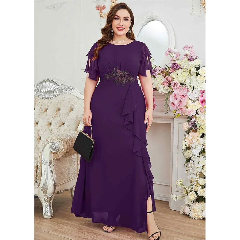 

Plus Size Summer Purple Red Chiffon Dress Luxury Wedding Ruffle Applique Plus Size Crew Neck Mixi Dress For Women