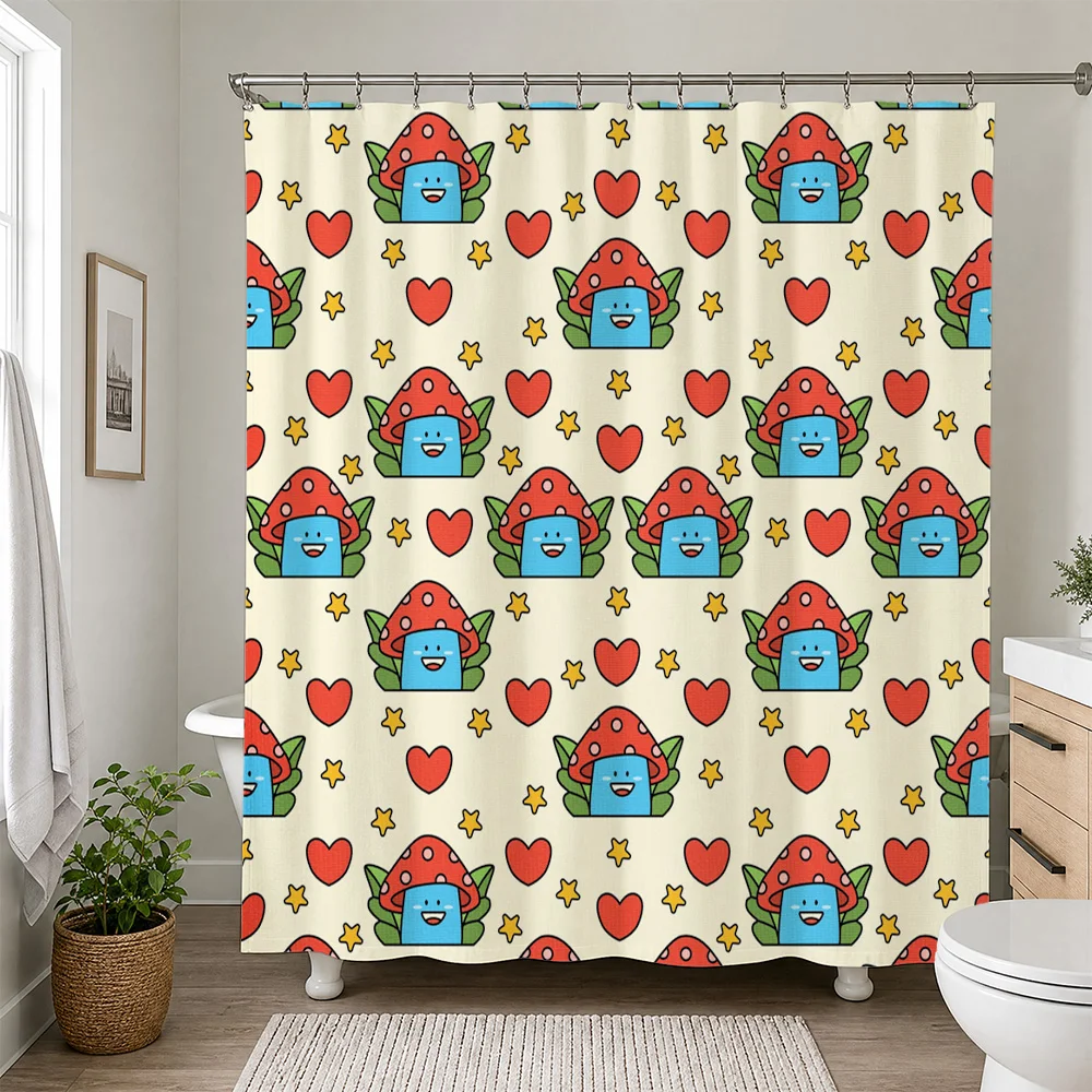 Adorable Cute Cartoon Ladybug Heart Pattern Shower Curtain Liner Waterproof Bathroom Decor Accessories Novel Shower Curtain for