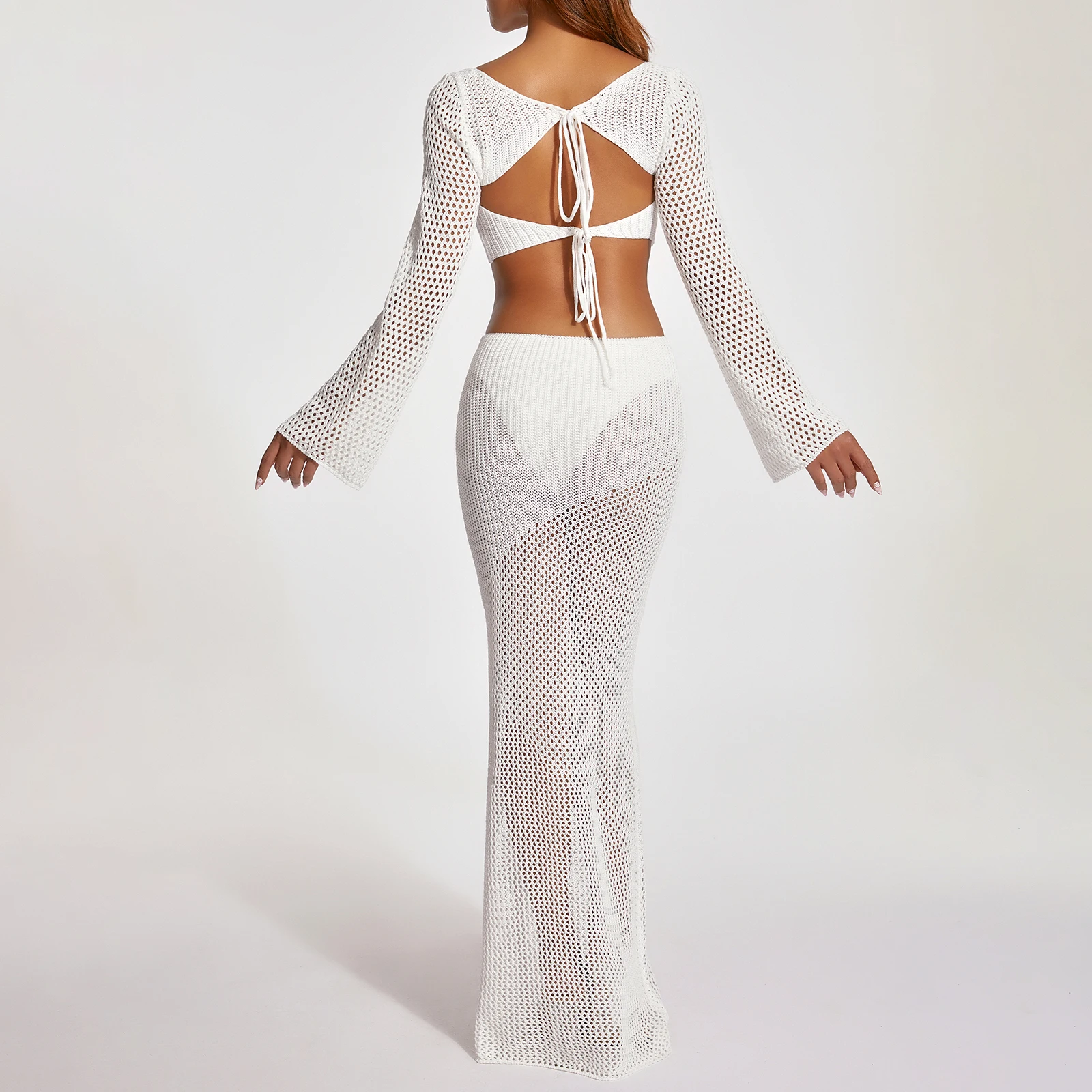 Y2K set pakaian gaun rajut Hollow Out wanita atasan Crop leher persegi lengan panjang + rok panjang wanita pantai seksi 2 potong