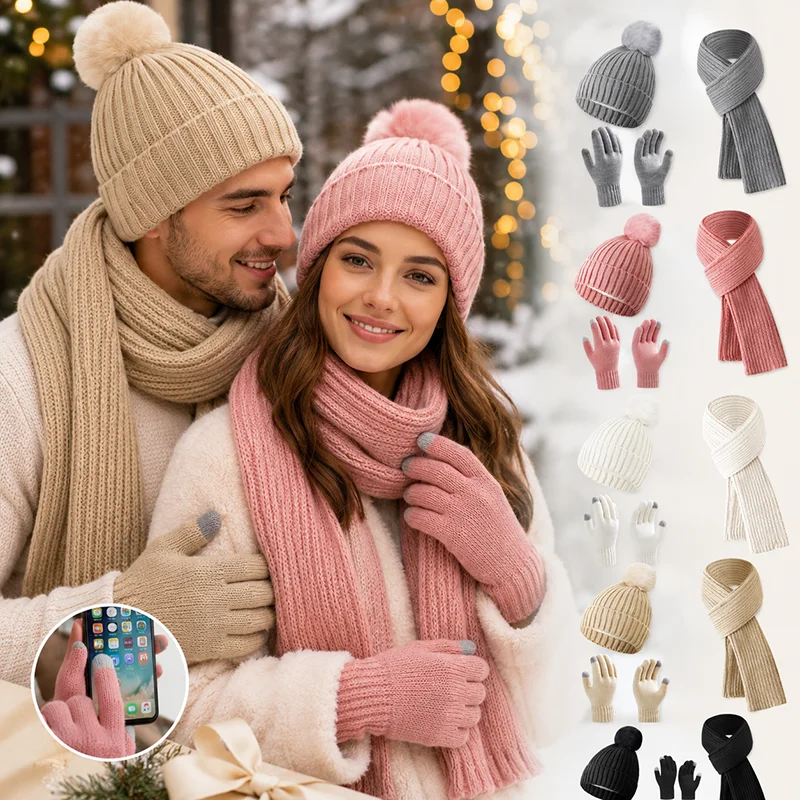 Winter Warm 3-Piece Knit Hat Scarf Gloves Set, Fleece Lined Windproof Pom Pom Beanie Touchscreen Gloves for Women Men