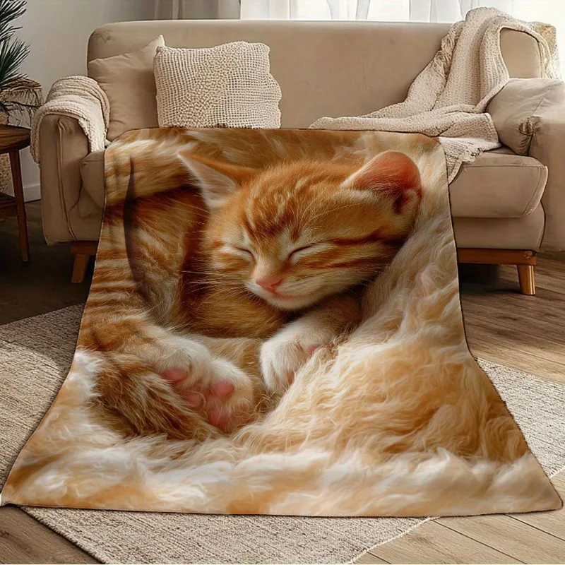1pc Vintage Ginger Kitten Print Flannel printed blanket suitable for all seasons suitable for living room office sofa and travel