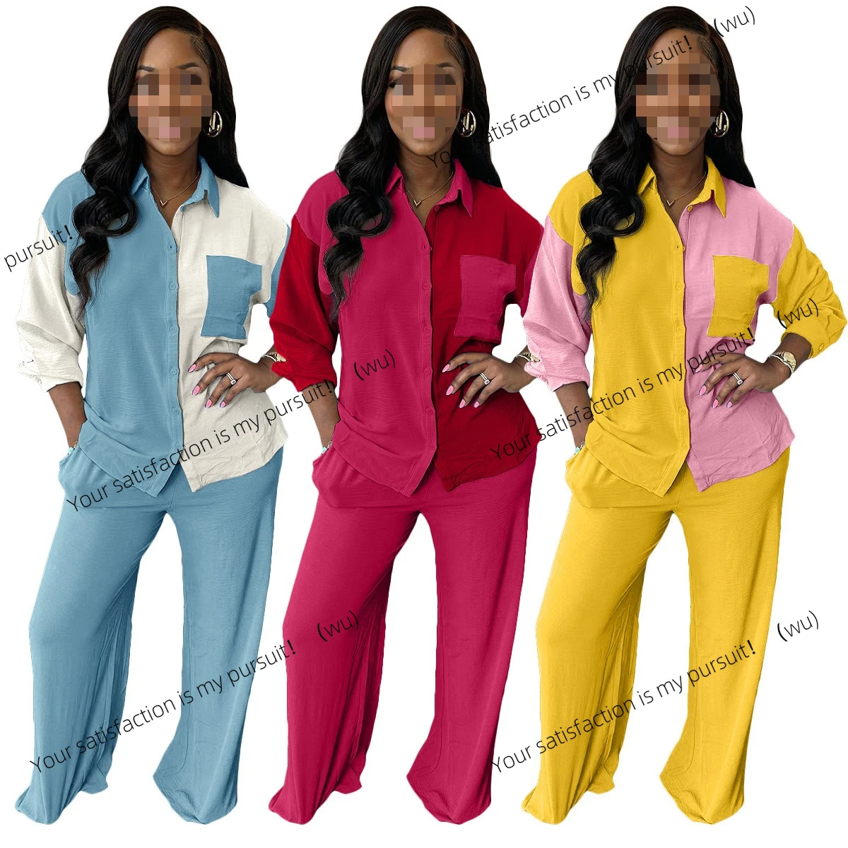 欧米風レディース秋冬新作配色切り替えカジュアルシャツセットアップツーピース