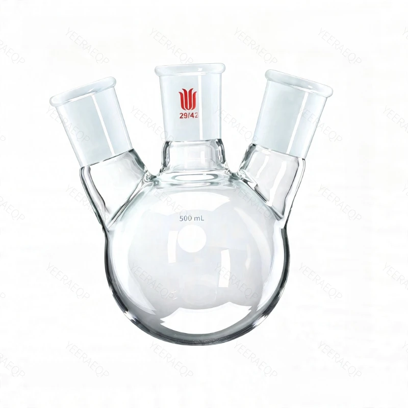 SYNTHWARE Slanting Three Necked Ball Bottle Capacity 50mL-3000mL Heavy Wall High Strength Borosilicate Glass Three-Neck Flask