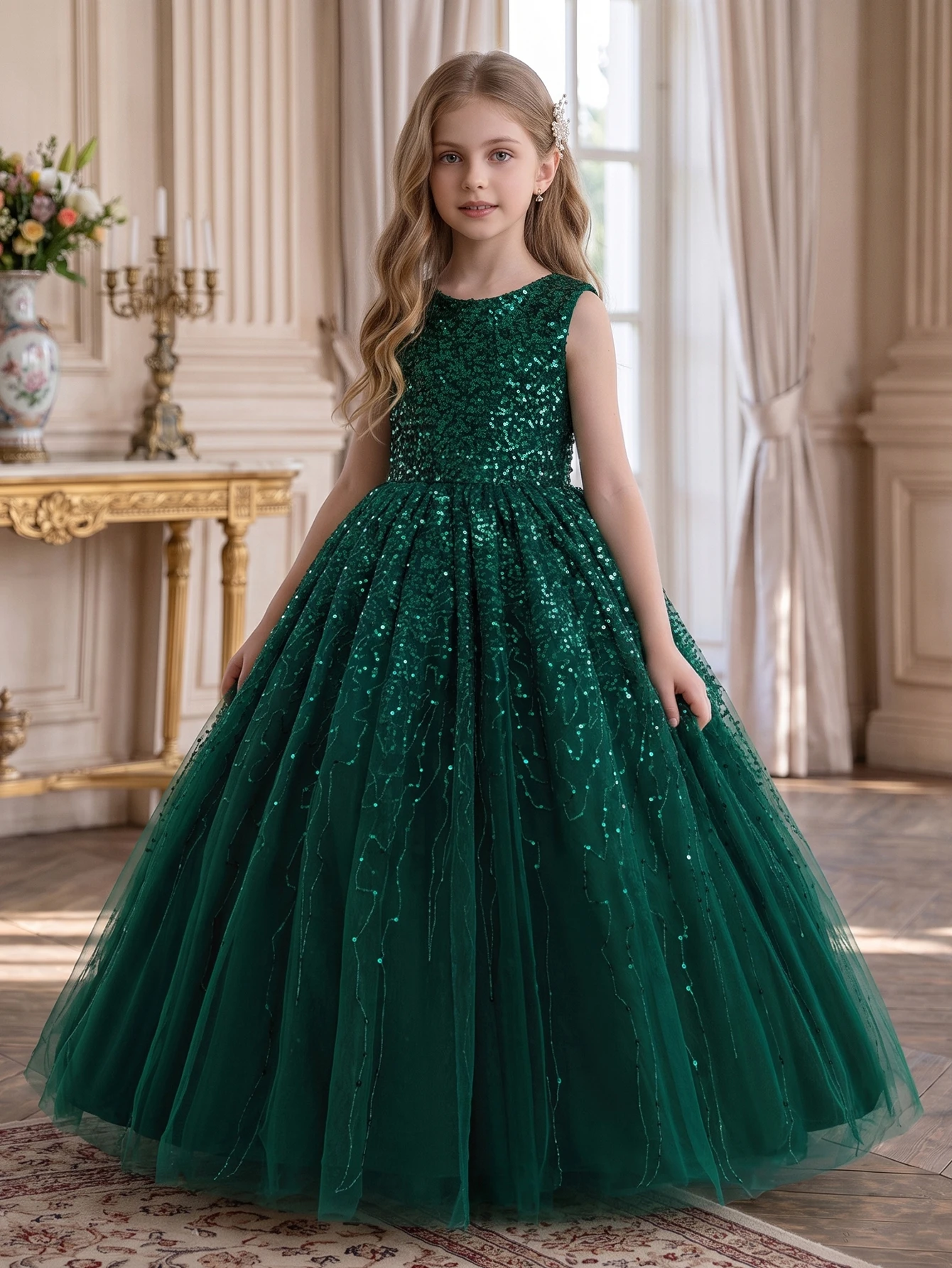 Girls Green Sequin Tulle Dress Sleeveless Long Princess Ball Gown Ages 5 To 11 Wedding Birthday Party Pageant Formal Flower Girl